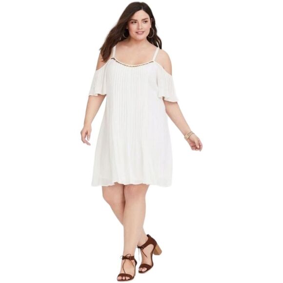 TORRID MINI IVORY GAUZY Cold Shoulder Trapeze dress With Gold Sequins - Picture 8 of 16